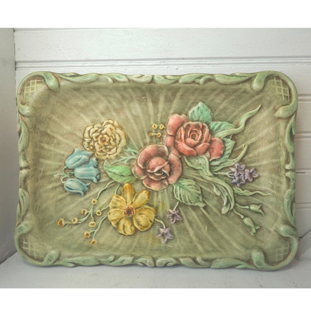 Vintage Ceramic Platter‎ Floral Signed 1968 Floral Boho Cottagecore Vanity Tray